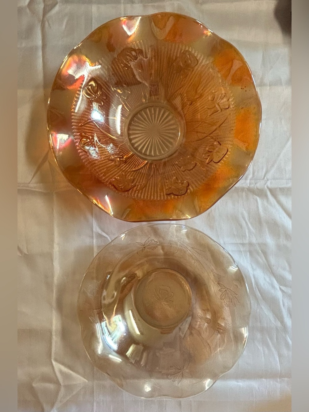 Vintage Jeanette Glass Co Marigold Carnival Glass Ruffled Bowls Set